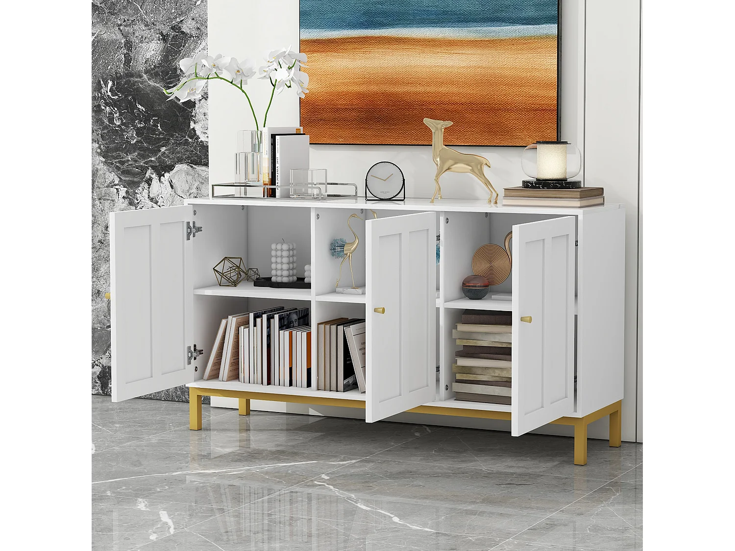 Elegante aparador de 3 puertas con tapa de mármol, estilo moderno, ideal para cocina, salón o comedor - Blanco