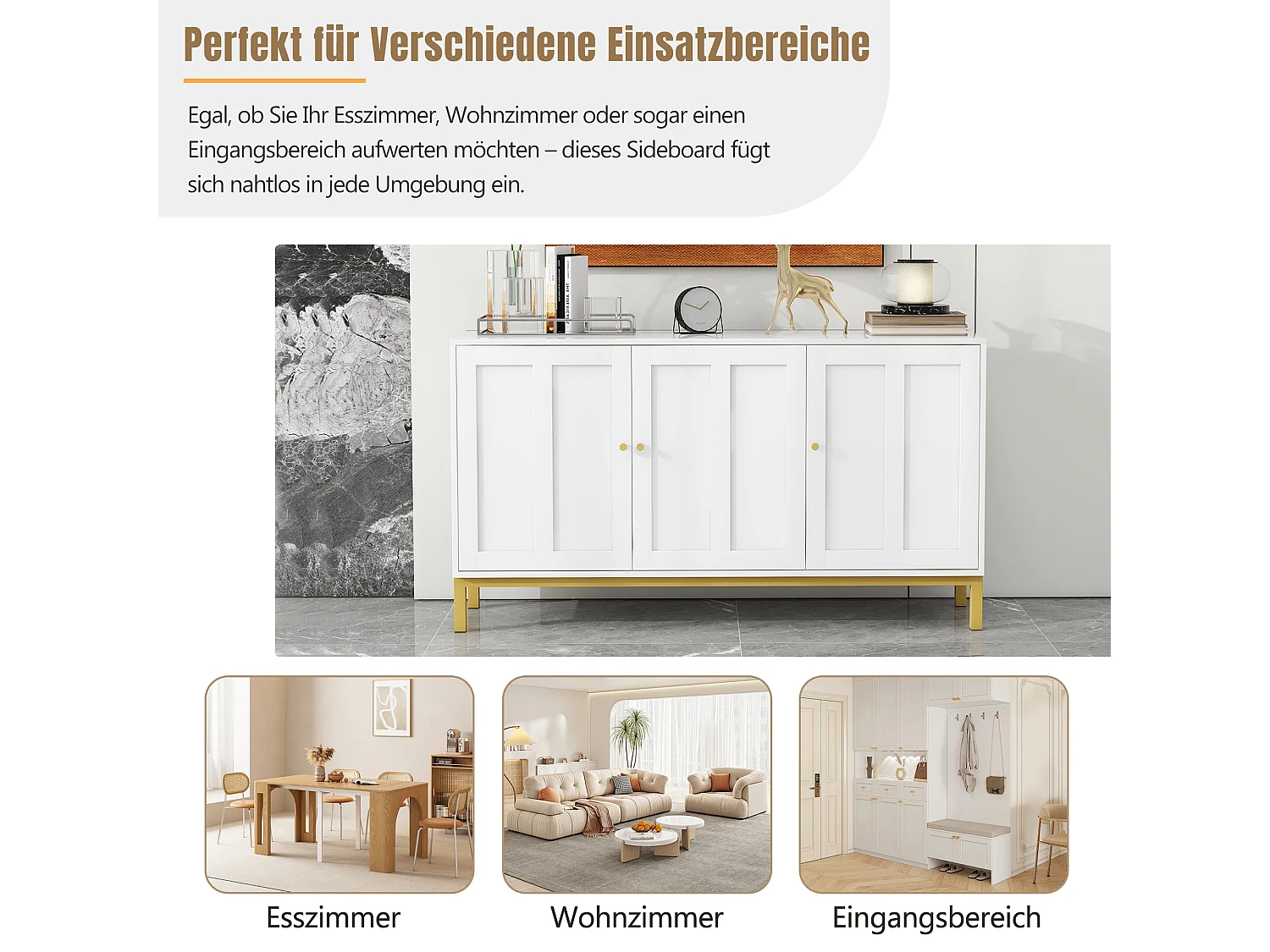 Elegante aparador de 3 puertas con tapa de mármol, estilo moderno, ideal para cocina, salón o comedor - Blanco