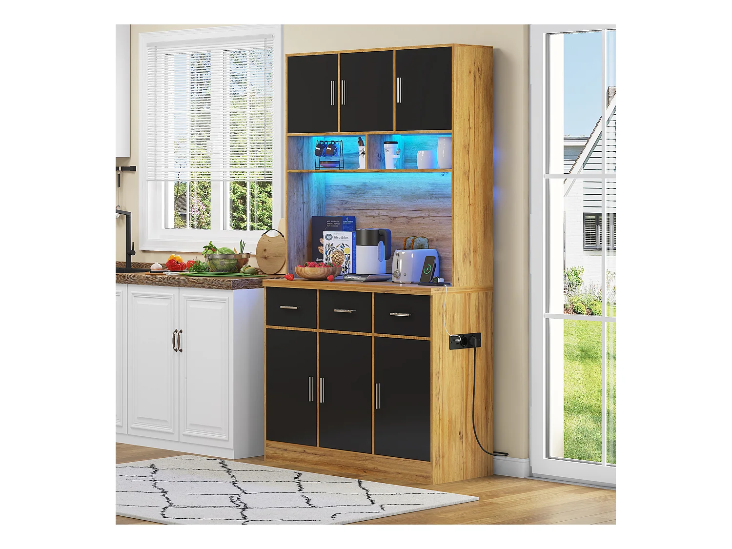 Buffet multifonction– Éclairage LED avec télécommande, tiroirs, étagères réglables, passe-câbles et prises – Cuisine et salle à manger