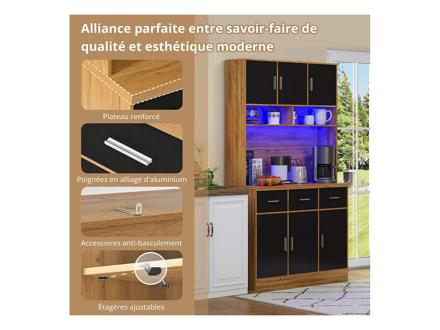Buffet multifonction– Éclairage LED avec télécommande, tiroirs, étagères réglables, passe-câbles et prises – Cuisine et salle à manger