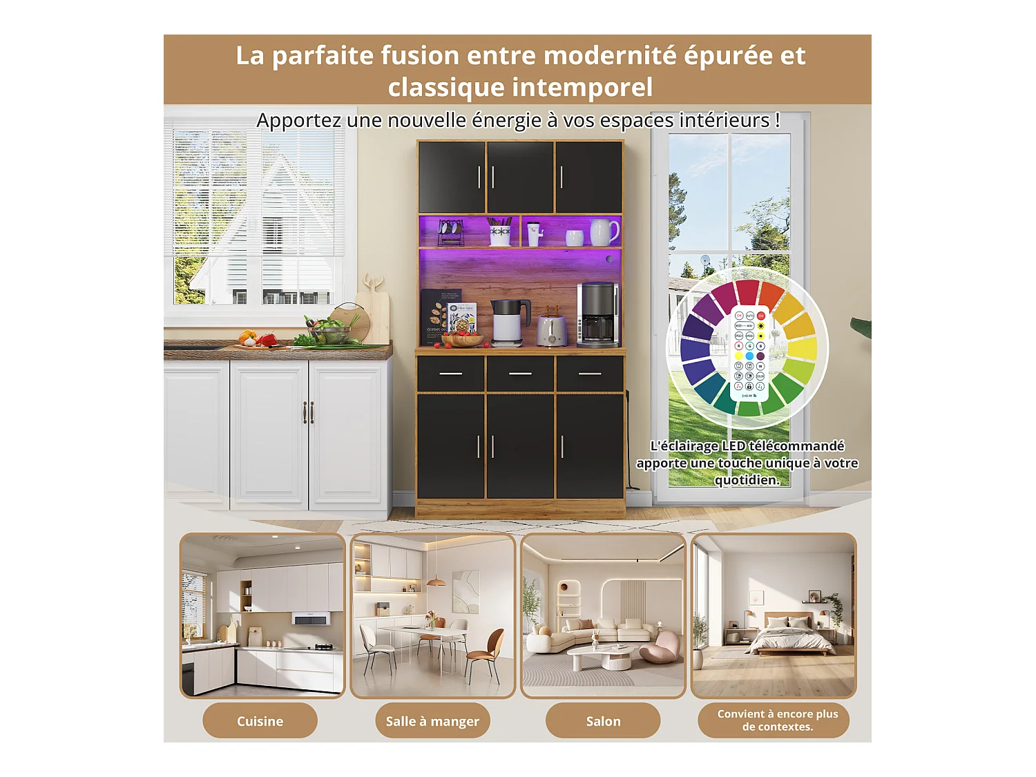 Buffet multifonction– Éclairage LED avec télécommande, tiroirs, étagères réglables, passe-câbles et prises – Cuisine et salle à manger