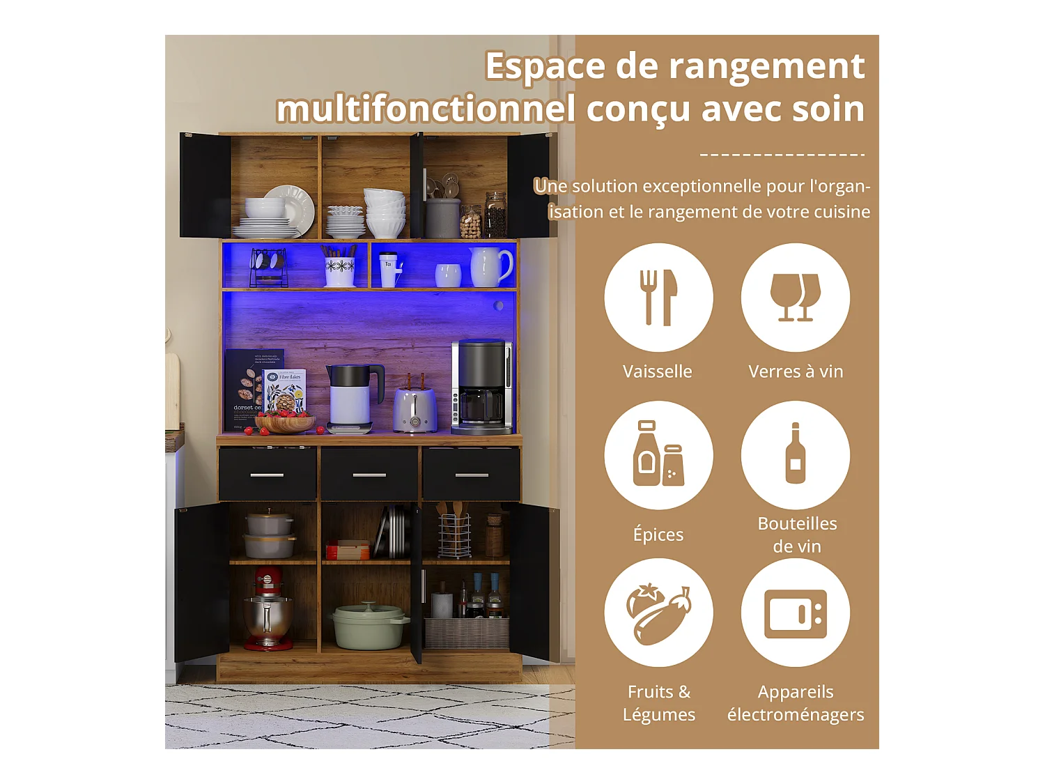 Buffet multifonction– Éclairage LED avec télécommande, tiroirs, étagères réglables, passe-câbles et prises – Cuisine et salle à manger
