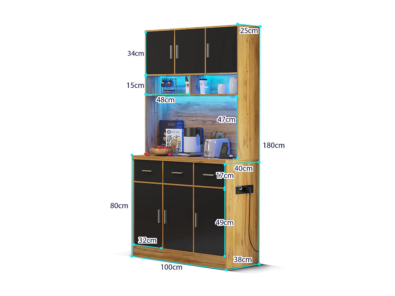 Multifunctioneel dressoir – LED-verlichting met afstandsbediening, lades, verstelbare planken, kabelmanagement en stopcontacten – Keuken en eetkamer