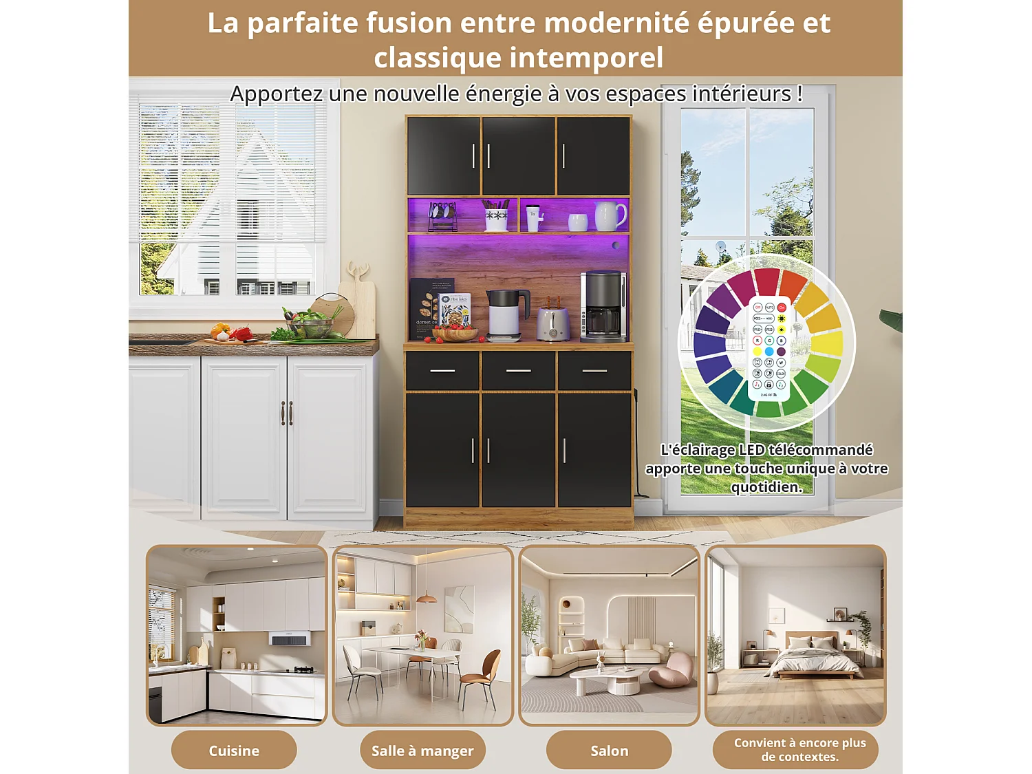 Multifunctioneel dressoir – LED-verlichting met afstandsbediening, lades, verstelbare planken, kabelmanagement en stopcontacten – Keuken en eetkamer