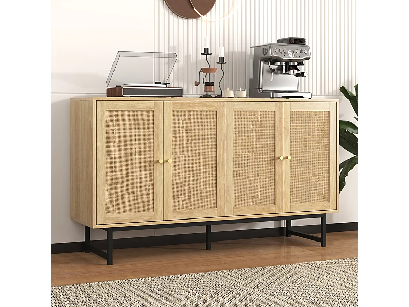 Credenza in rattan naturale 140 x 39,5 x 80 cm, 4 ante, stile naturale e arioso, stabile e durevole, ideale per soggiorno, sala da pranzo e camera da letto