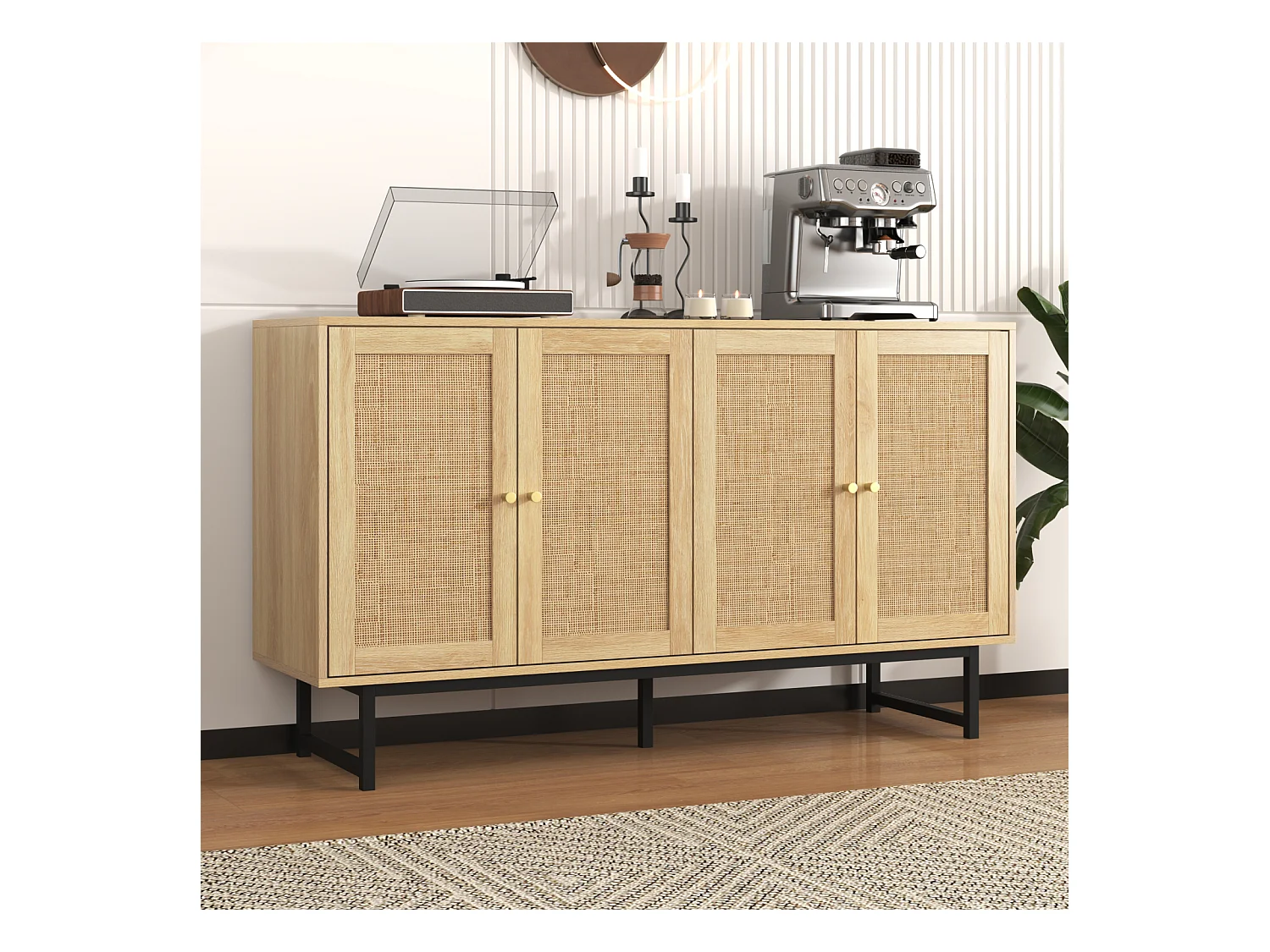 Buffet en rotin naturel 140 x 39,5x80 cm, 4 portes, style naturel et aéré, stable et durable, idéal salon, salle à manger et chambre