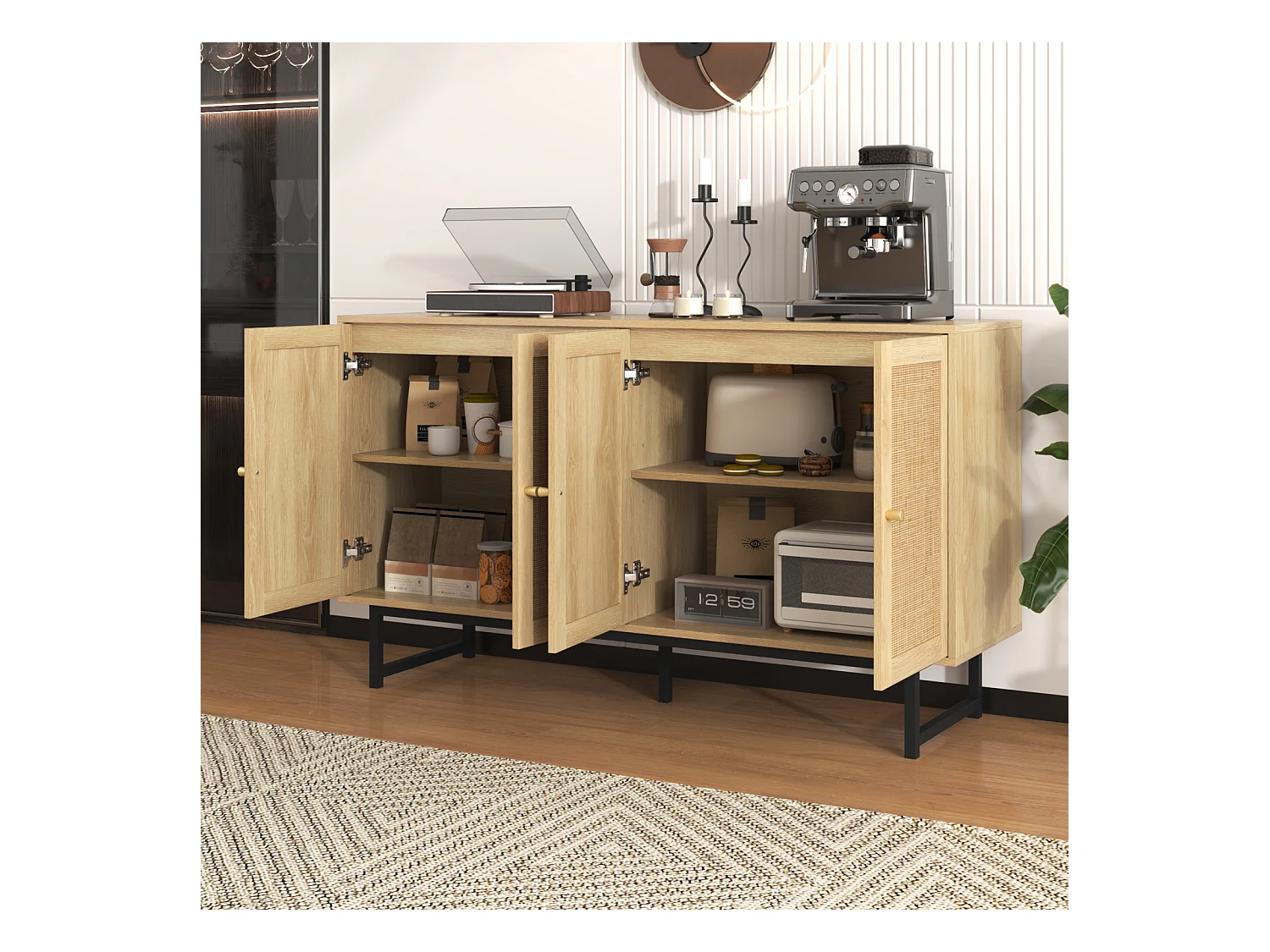 Buffet en rotin naturel 140 x 39,5x80 cm, 4 portes, style naturel et aéré, stable et durable, idéal salon, salle à manger et chambre