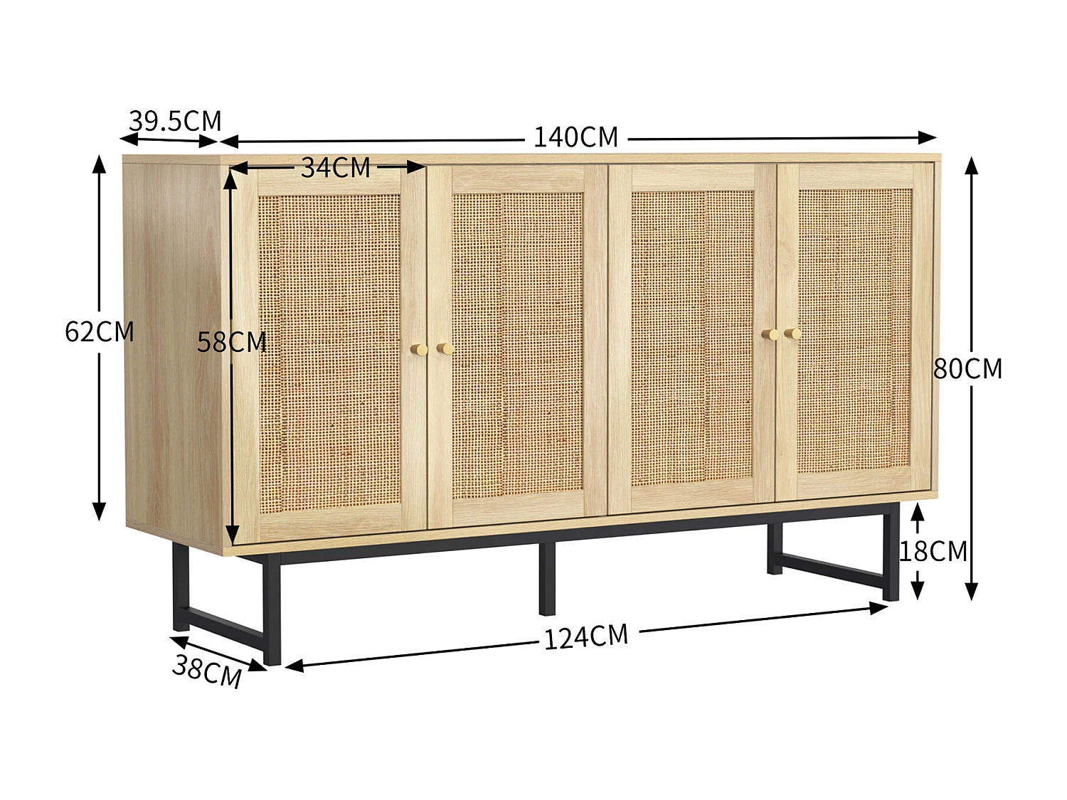 Buffet en rotin naturel 140 x 39,5x80 cm, 4 portes, style naturel et aéré, stable et durable, idéal salon, salle à manger et chambre