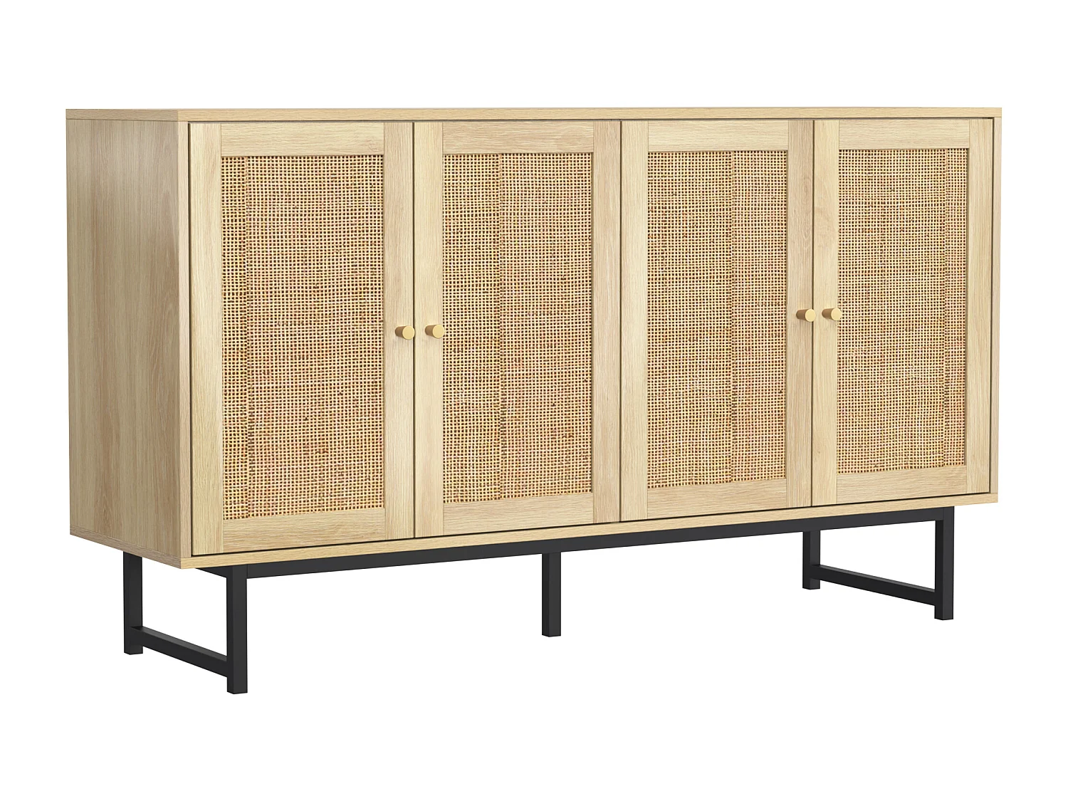 Buffet en rotin naturel 140 x 39,5x80 cm, 4 portes, style naturel et aéré, stable et durable, idéal salon, salle à manger et chambre
