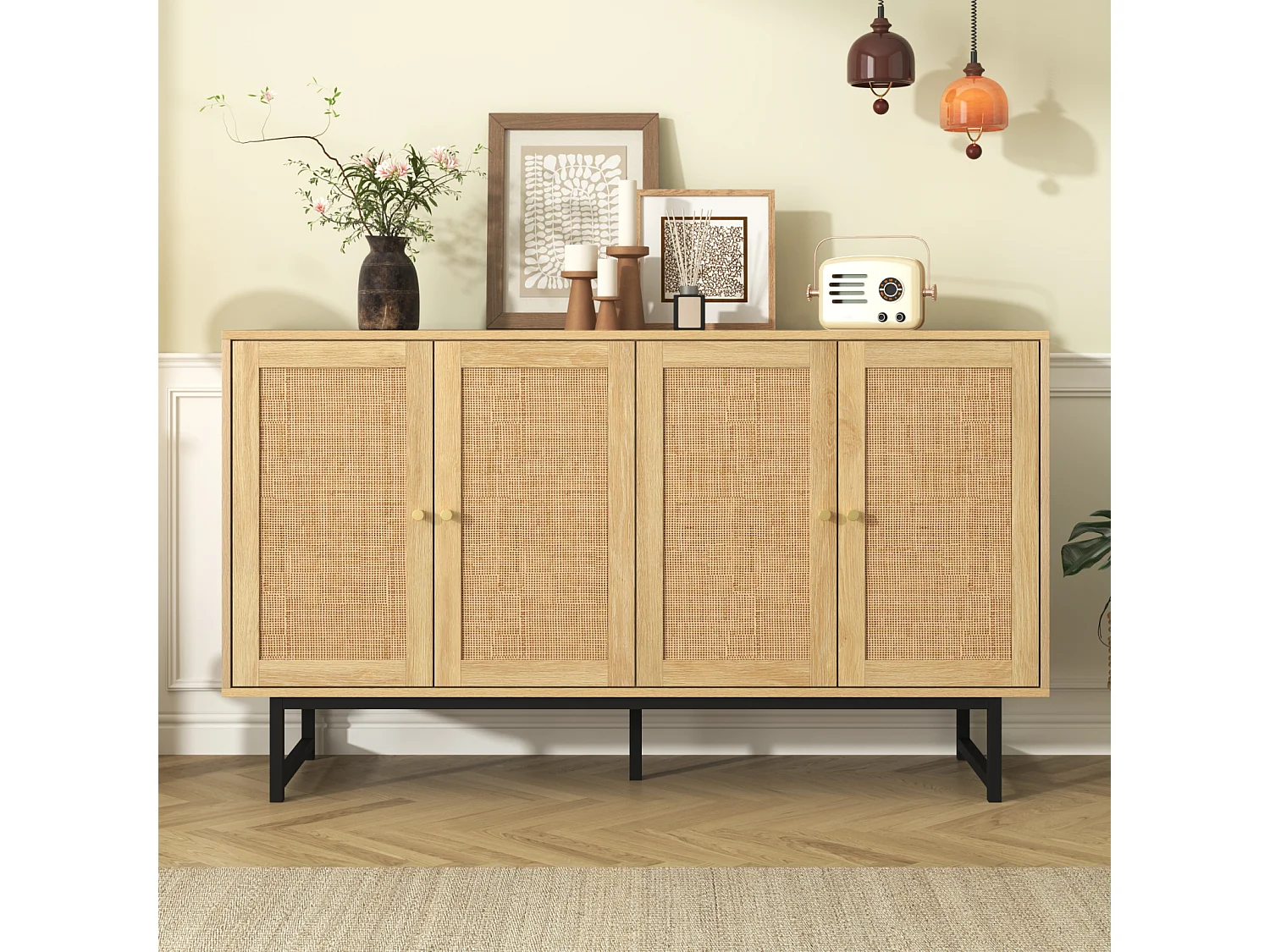 Aparador de ratán natural 140 x 39,5 x 80 cm, 4 puertas, estilo natural y aireado, estable y duradero, ideal para salón, comedor y dormitorio.