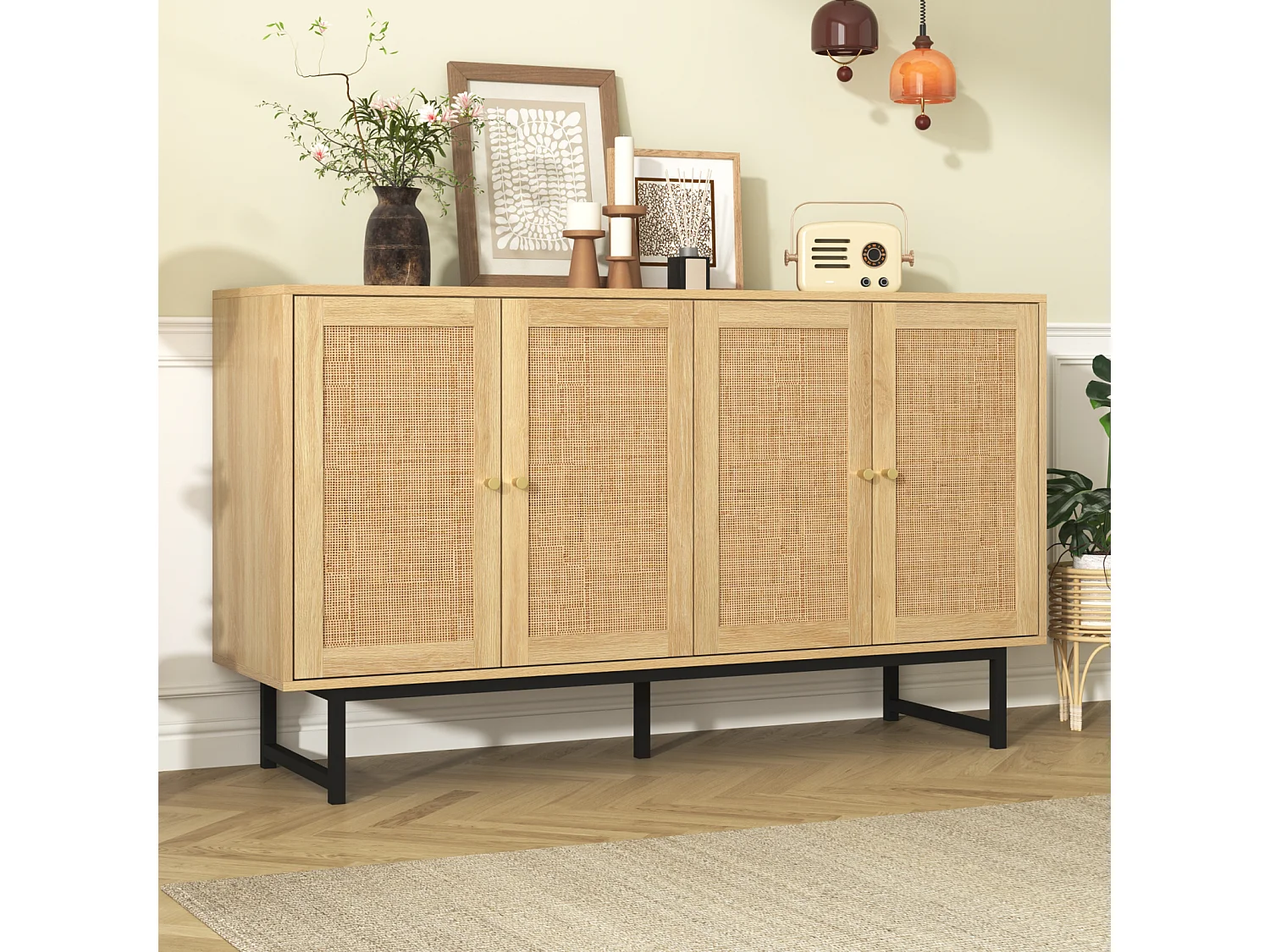 Aparador de ratán natural 140 x 39,5 x 80 cm, 4 puertas, estilo natural y aireado, estable y duradero, ideal para salón, comedor y dormitorio.