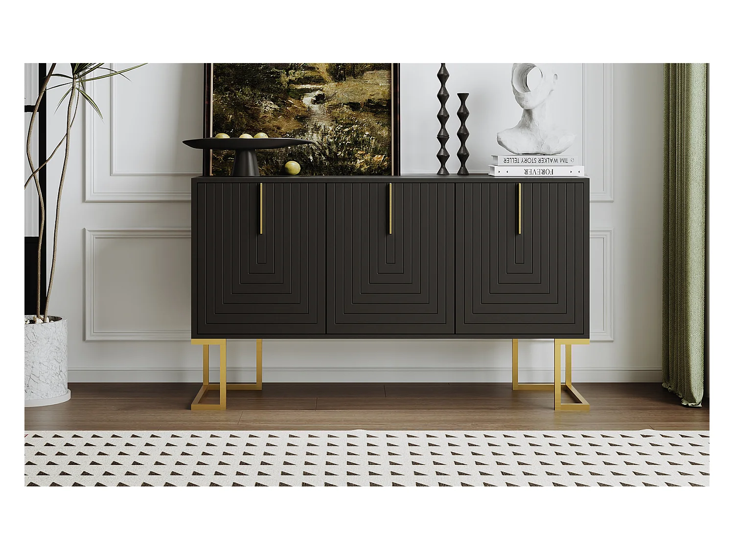Buffet moderne 3 portes avec étagères réglables, portes en U, poignées et socle en métal – Idéal pour salle à manger et cuisine, Noir