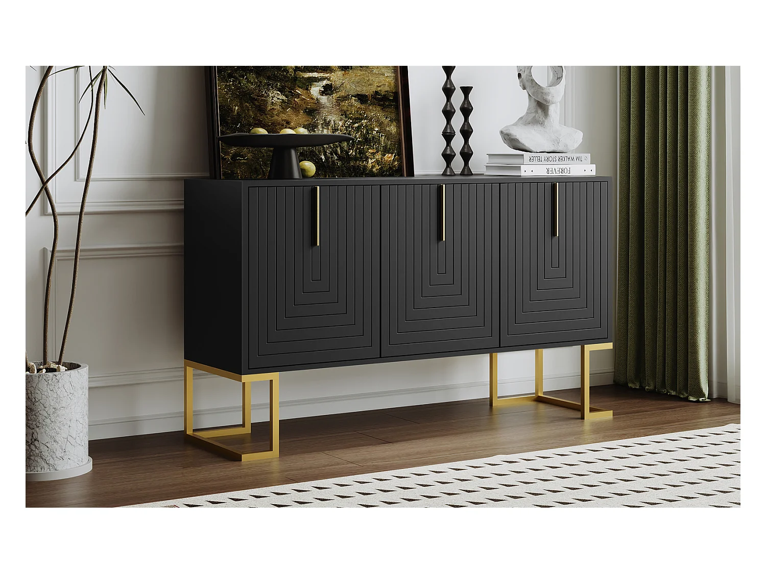 Buffet moderne 3 portes avec étagères réglables, portes en U, poignées et socle en métal – Idéal pour salle à manger et cuisine, Noir