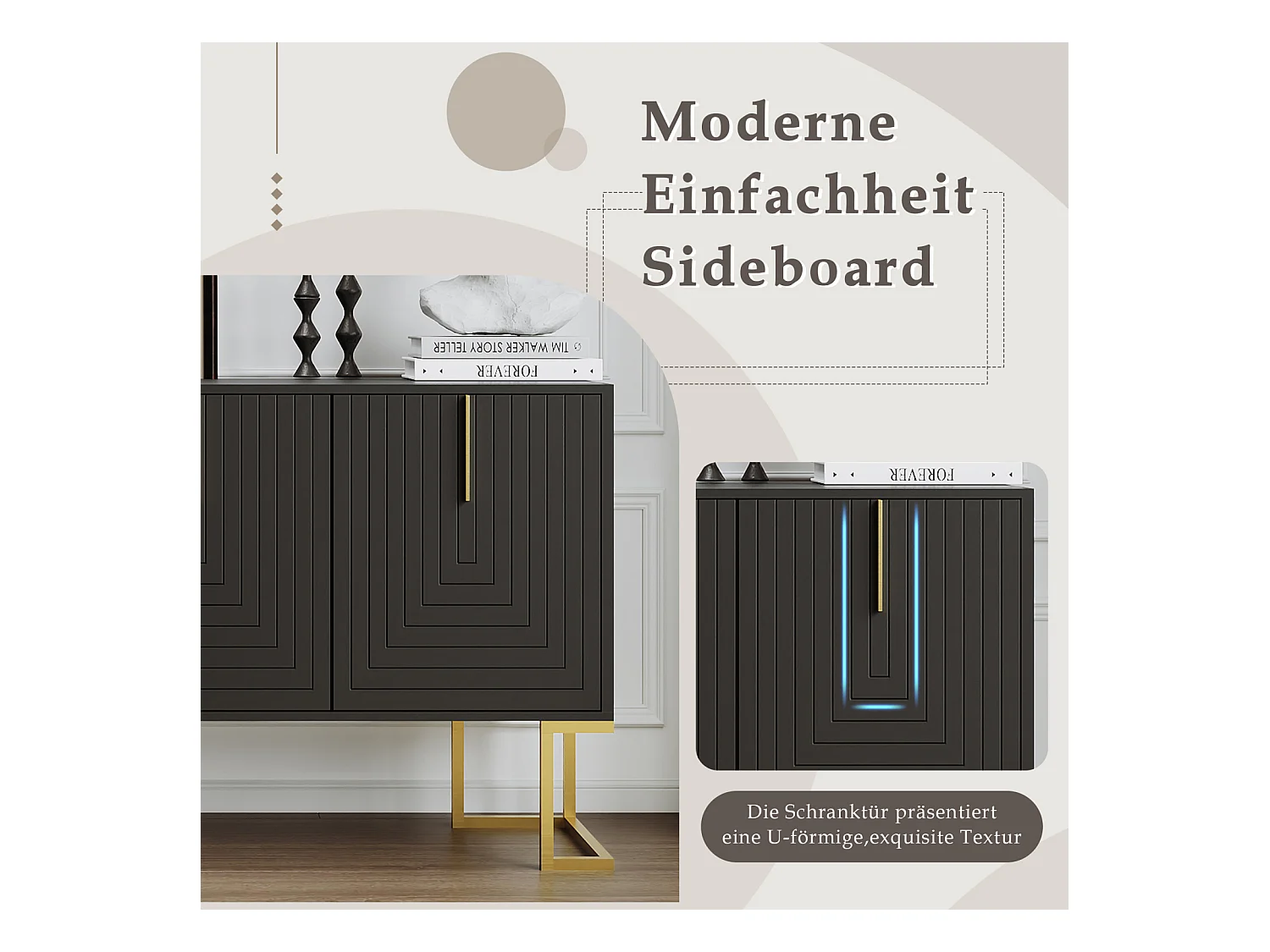 Buffet moderne 3 portes avec étagères réglables, portes en U, poignées et socle en métal – Idéal pour salle à manger et cuisine, Noir