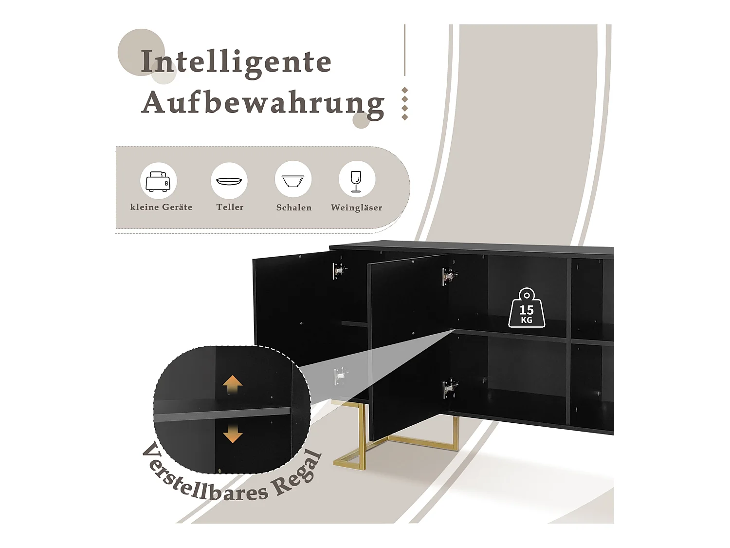 Buffet moderne 3 portes avec étagères réglables, portes en U, poignées et socle en métal – Idéal pour salle à manger et cuisine, Noir