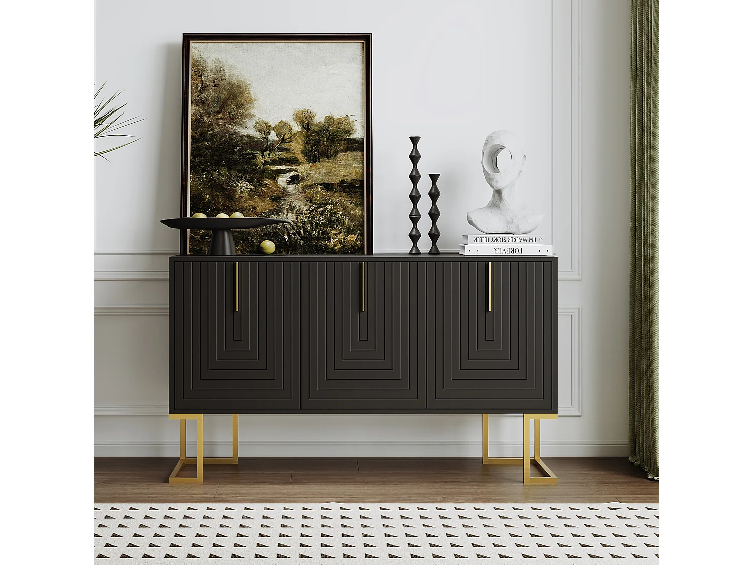 Aparador moderno de 3 puertas con estantes ajustables, puertas en forma de U, tiradores y base de metal, ideal para comedor y cocina, color negro.