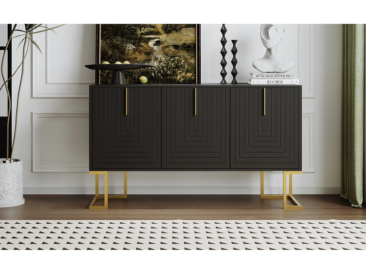 Aparador moderno de 3 puertas con estantes ajustables, puertas en forma de U, tiradores y base de metal, ideal para comedor y cocina, color negro.