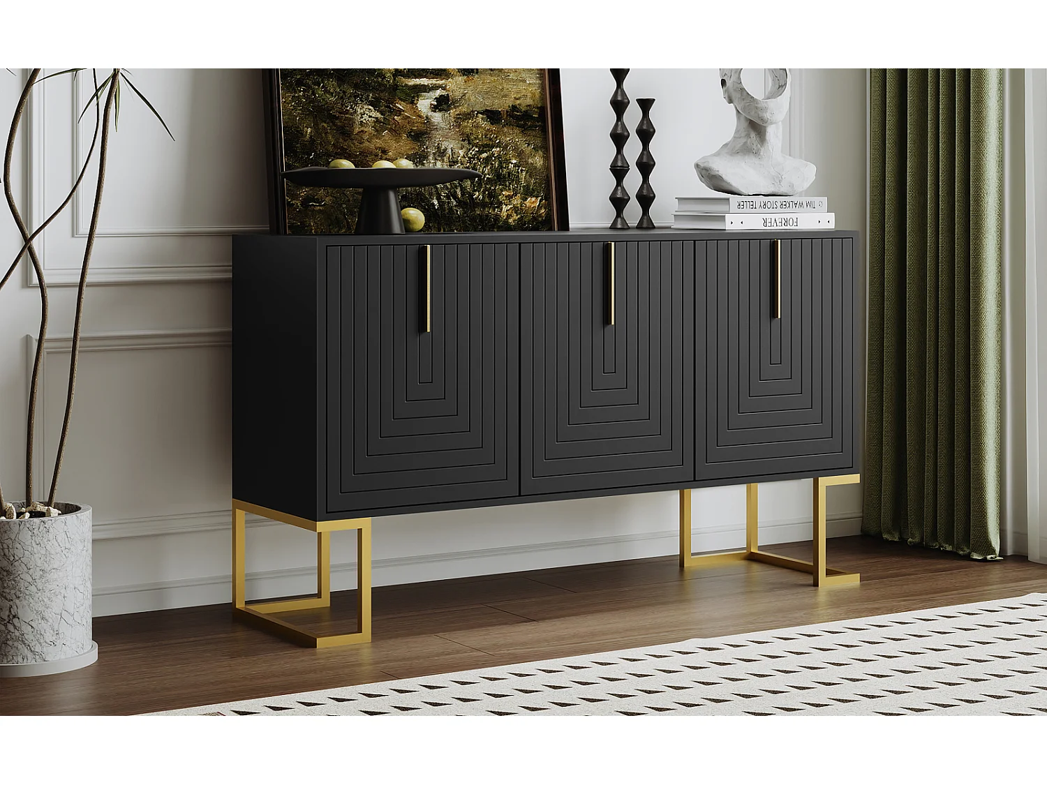 Aparador moderno de 3 puertas con estantes ajustables, puertas en forma de U, tiradores y base de metal, ideal para comedor y cocina, color negro.