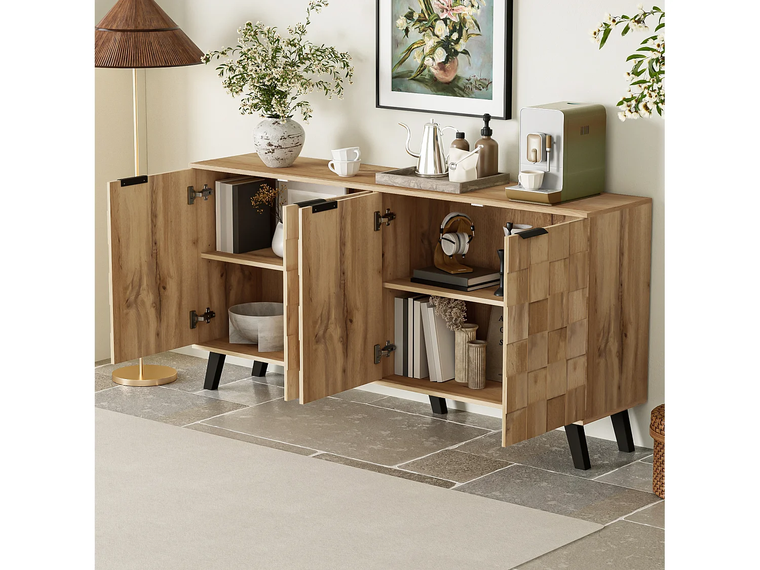 Aparador moderno de 4 puertas 160,5×35,5×78 cm – Mueble práctico para salón, dormitorio y comedor