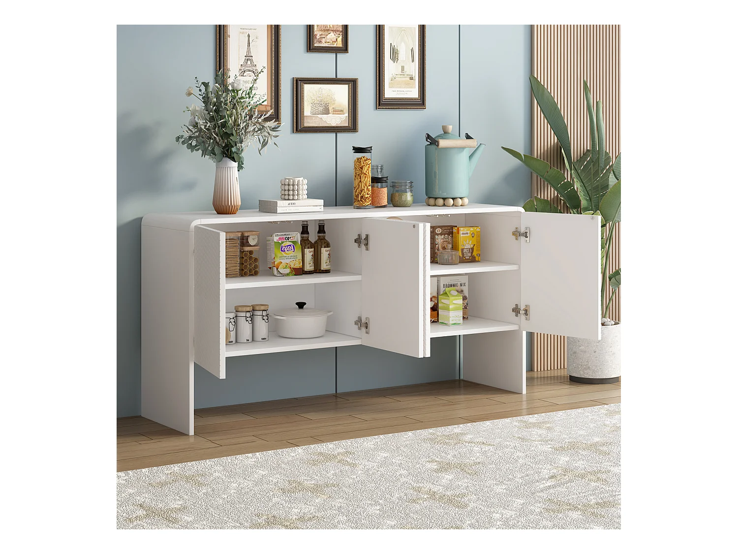 Buffet minimaliste blanc – Grand espace de rangement – 4 portes avec système push-open – Meuble pour salon et entrée