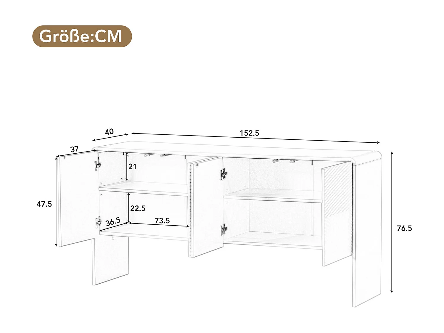 Aparador minimalista blanco – Gran espacio de almacenaje – 4 puertas con sistema push-open – Mueble para salón y entrada