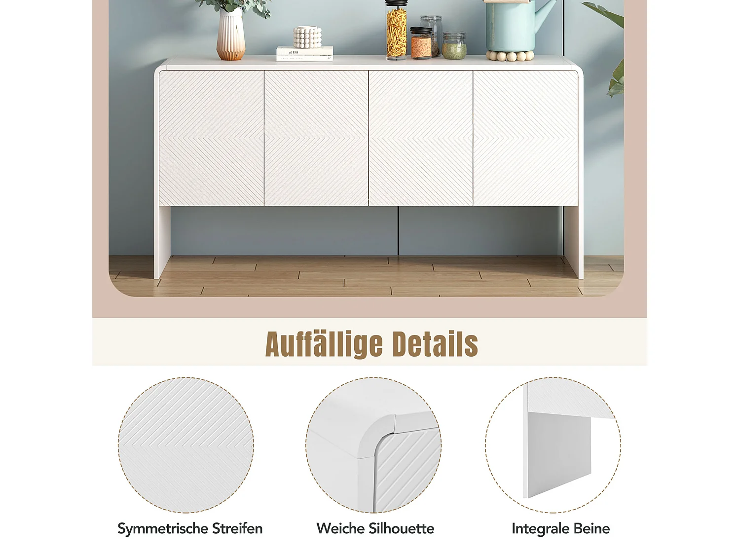 Aparador minimalista blanco – Gran espacio de almacenaje – 4 puertas con sistema push-open – Mueble para salón y entrada