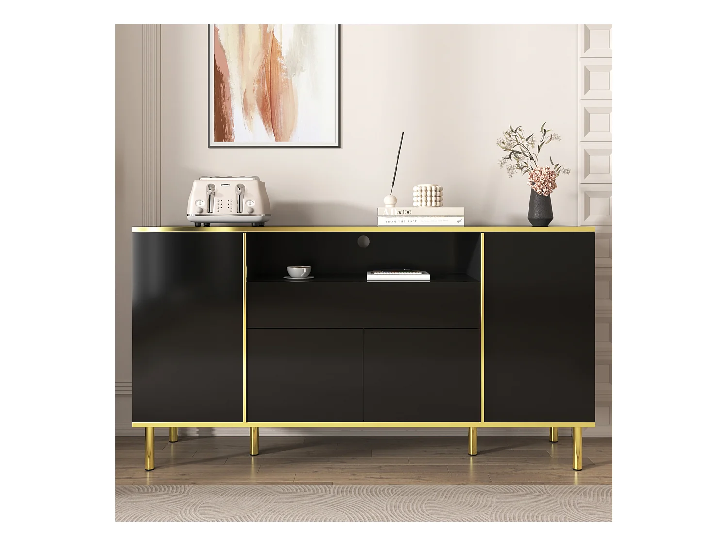 Buffet noir brillant 150x40x80 cm, 1 tiroir, armoire de rangement multifonction, idéal chambre et salon, style moderne