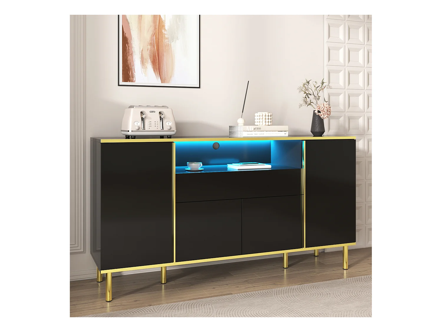 Buffet noir brillant 150x40x80 cm, 1 tiroir, armoire de rangement multifonction, idéal chambre et salon, style moderne