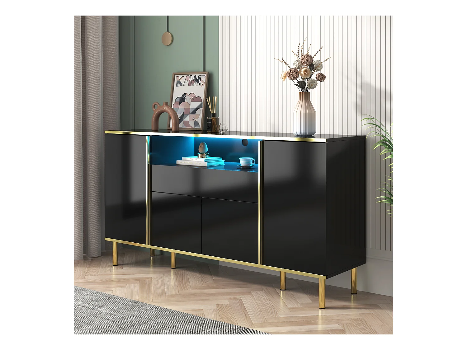 Buffet noir brillant 150x40x80 cm, 1 tiroir, armoire de rangement multifonction, idéal chambre et salon, style moderne