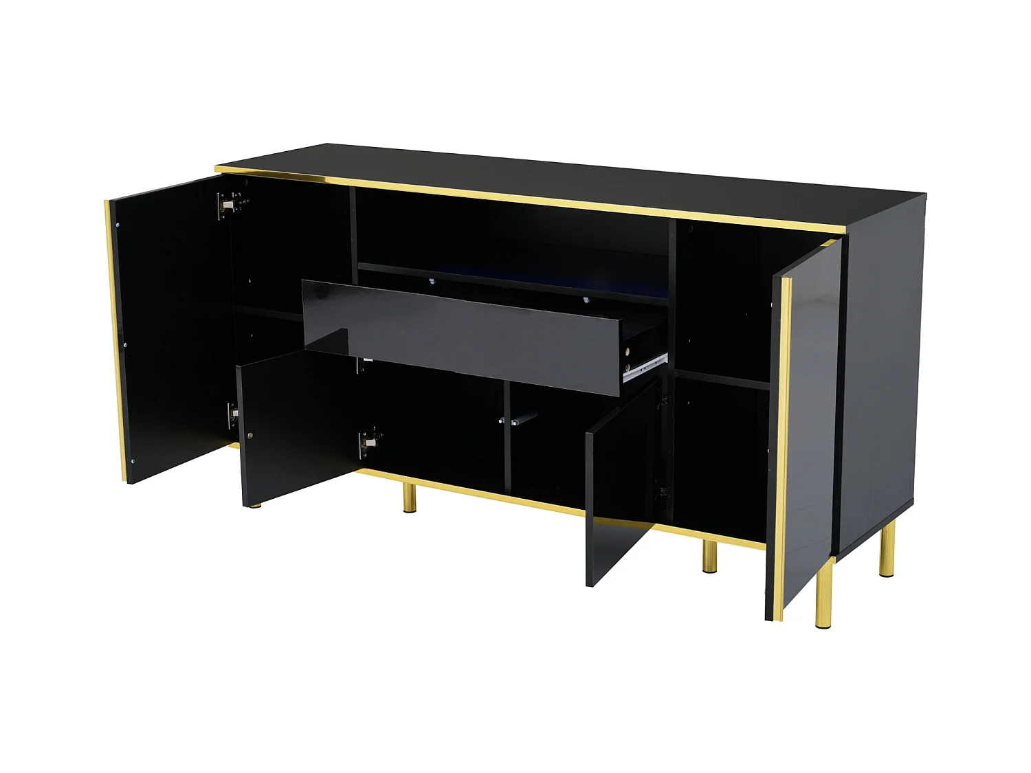 Buffet noir brillant 150x40x80 cm, 1 tiroir, armoire de rangement multifonction, idéal chambre et salon, style moderne
