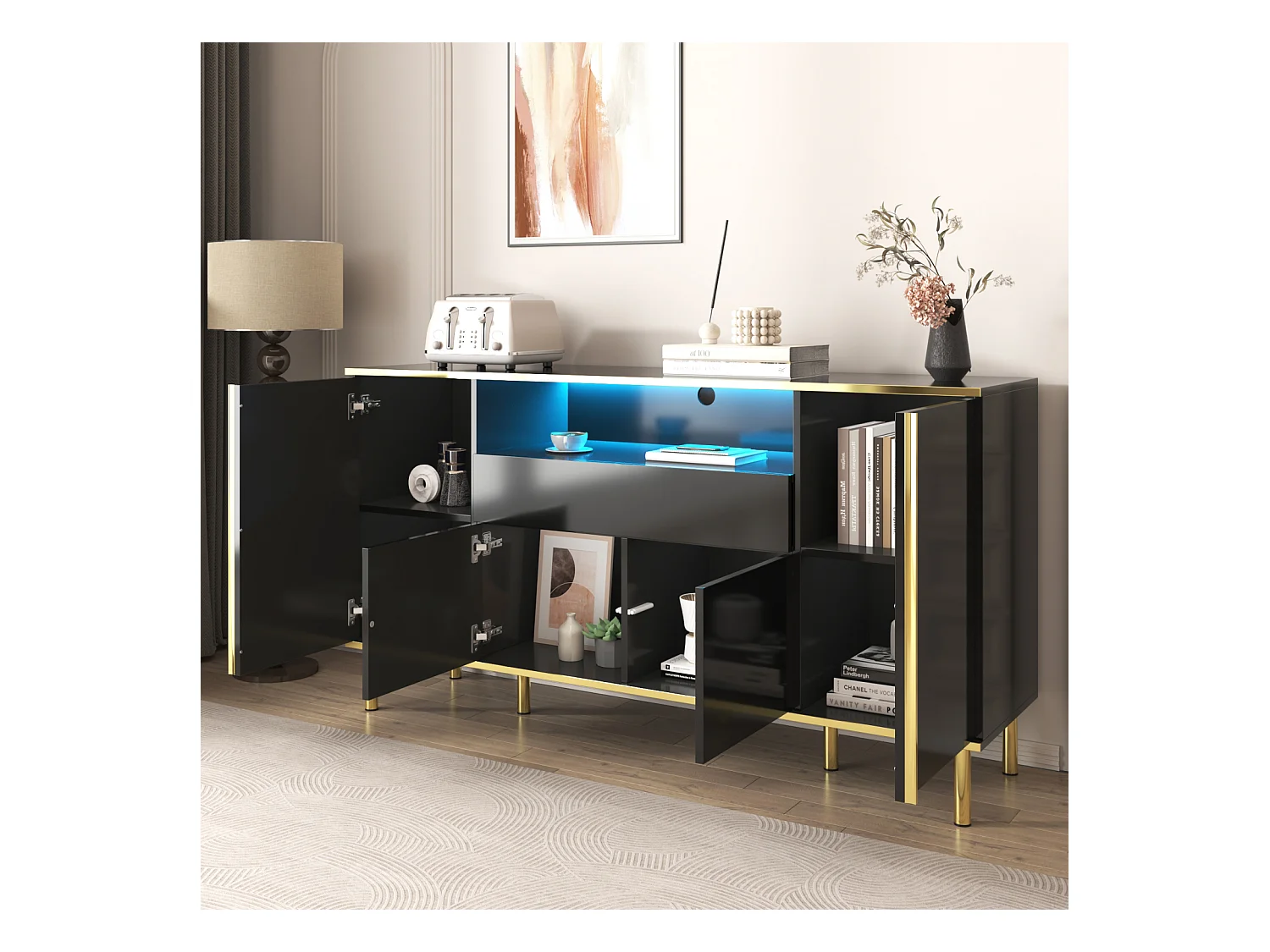 Buffet noir brillant 150x40x80 cm, 1 tiroir, armoire de rangement multifonction, idéal chambre et salon, style moderne