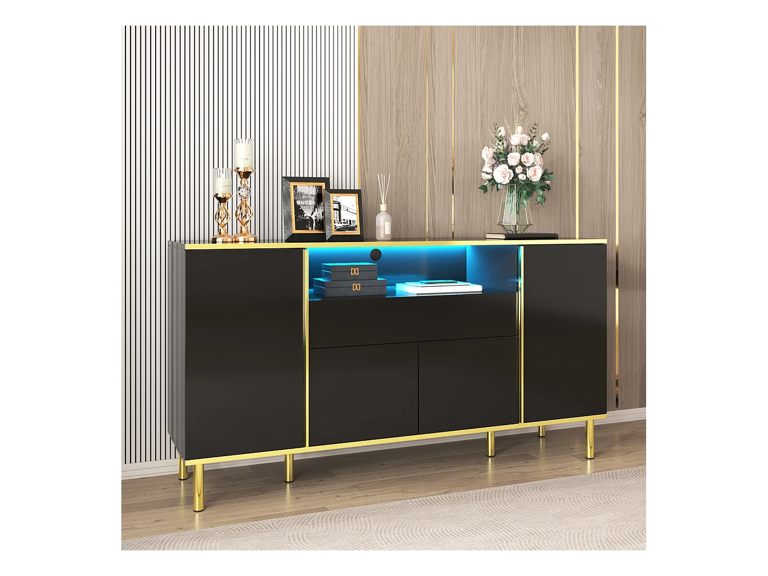 Buffet noir brillant 150x40x80 cm, 1 tiroir, armoire de rangement multifonction, idéal chambre et salon, style moderne