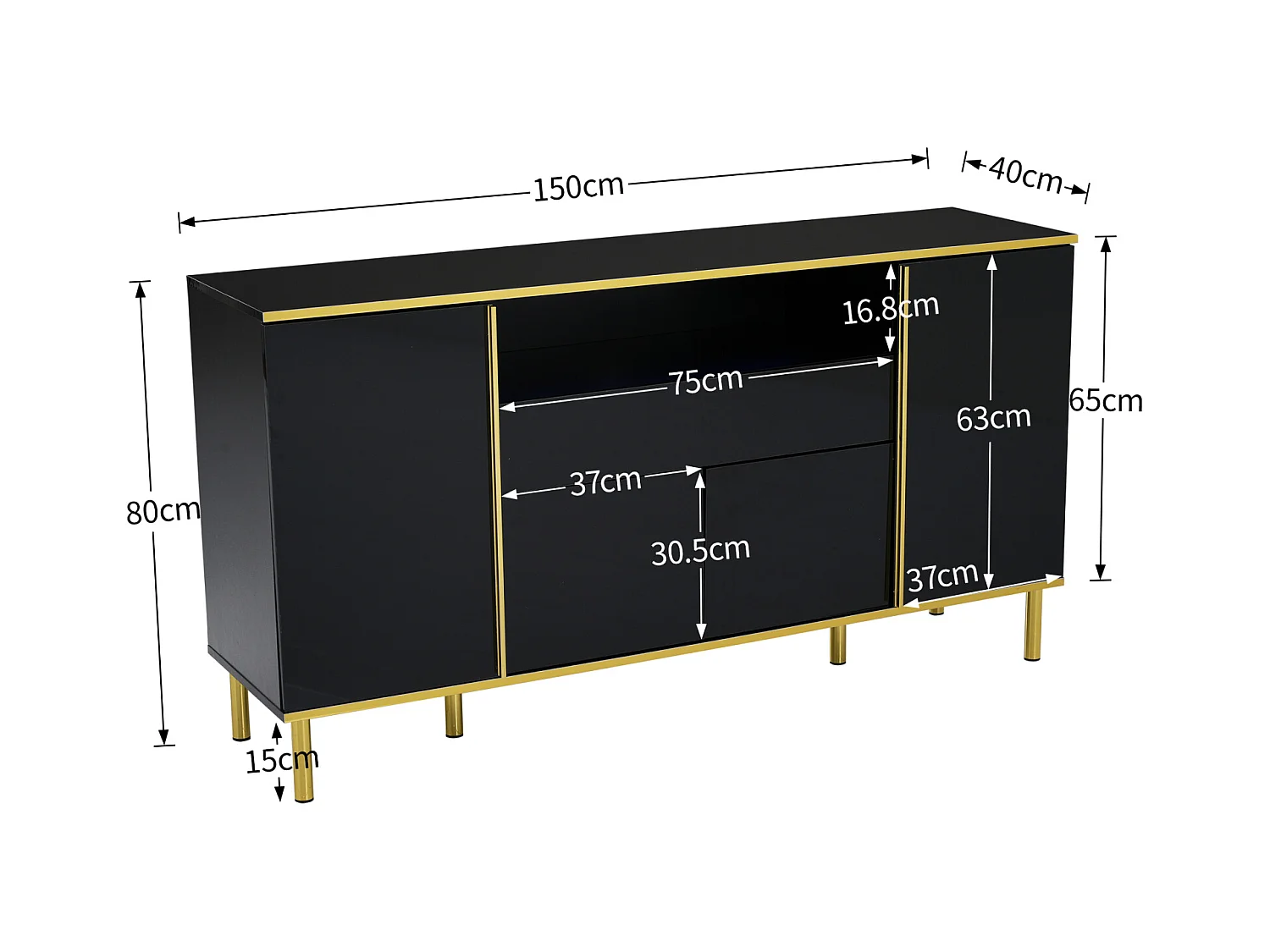 Buffet noir brillant 150x40x80 cm, 1 tiroir, armoire de rangement multifonction, idéal chambre et salon, style moderne