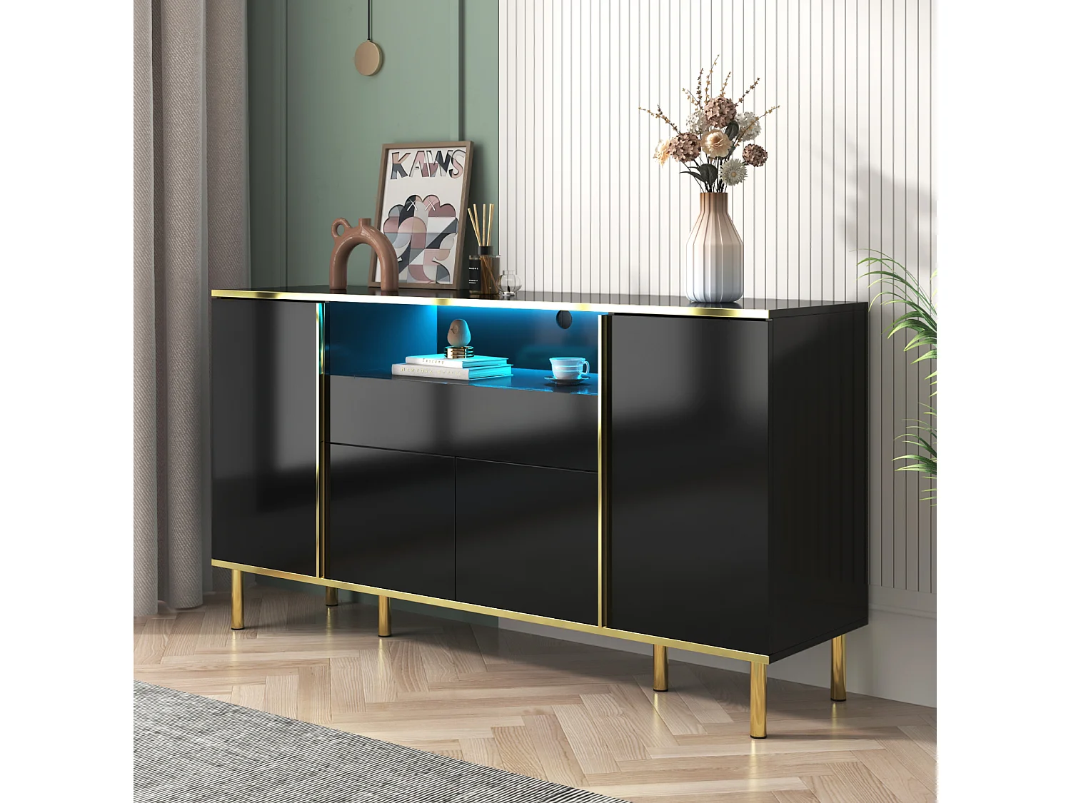 Glanzend zwart dressoir 150x40x80 cm, 1 lade, multifunctionele opbergkast, ideaal voor slaapkamer en woonkamer, moderne stijl