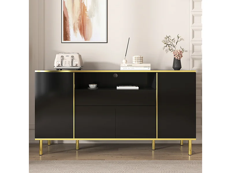 Aparador negro brillo 150x40x80 cm, 1 cajón, mueble de almacenaje multifuncional, ideal para dormitorio y salón, estilo moderno