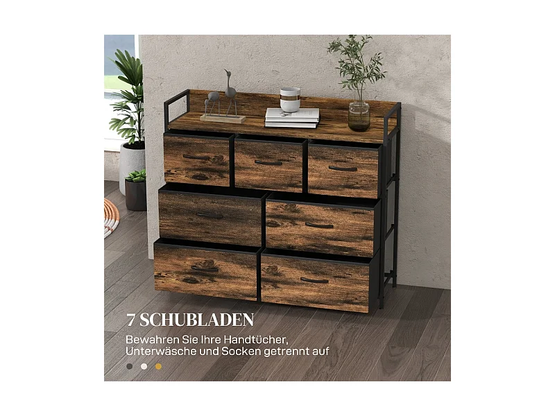 commode avec 7 tiroirs en tissu, meuble de rangement en MDF marron avec dispositif anti-basculement –pour chambre et salon