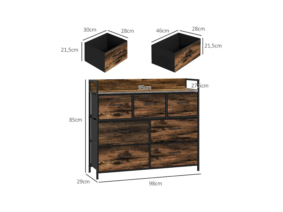 commode avec 7 tiroirs en tissu, meuble de rangement en MDF marron avec dispositif anti-basculement –pour chambre et salon