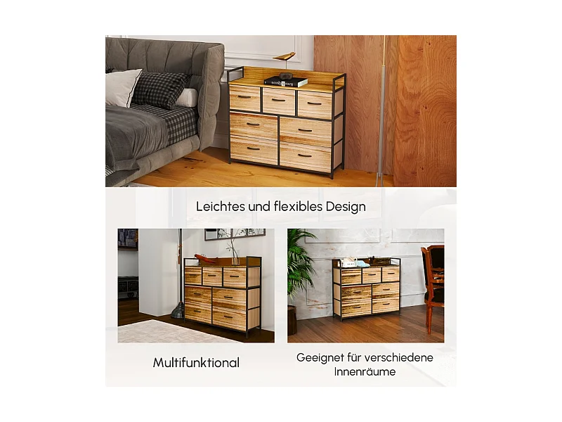 commode avec 7 tiroirs en tissu, meuble de rangement en MDF marron avec dispositif anti-basculement –pour chambre et salon