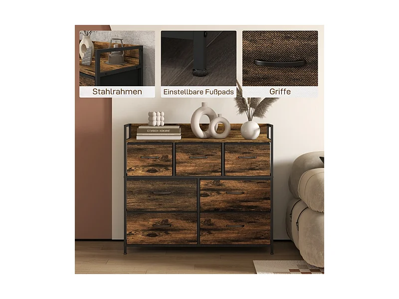 commode avec 7 tiroirs en tissu, meuble de rangement en MDF marron avec dispositif anti-basculement –pour chambre et salon