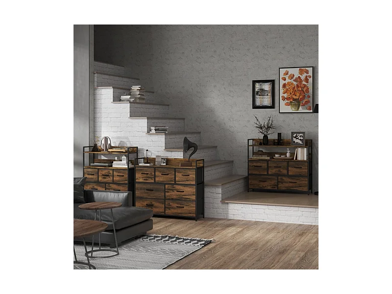 commode avec 7 tiroirs en tissu, meuble de rangement en MDF marron avec dispositif anti-basculement –pour chambre et salon