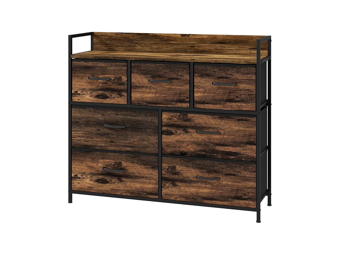 commode avec 7 tiroirs en tissu, meuble de rangement en MDF marron avec dispositif anti-basculement –pour chambre et salon