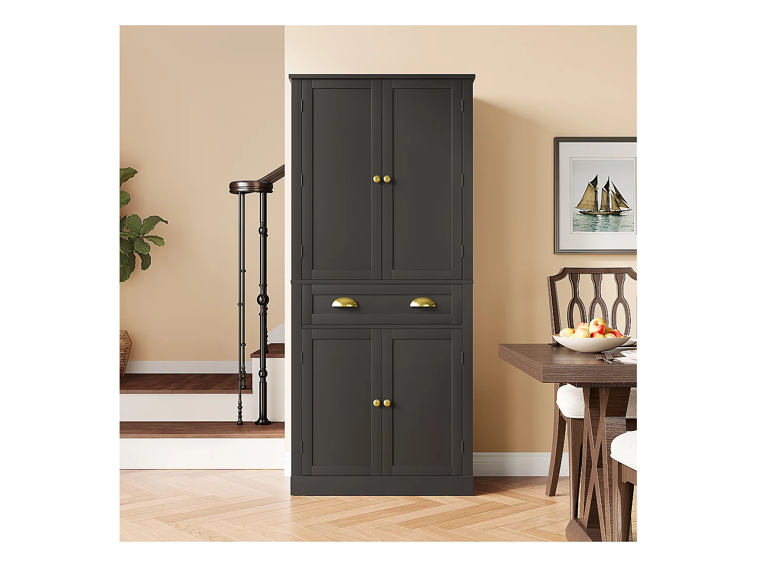 Armoire de rangement noire, 4 portes et 1 tiroir, 6 compartiments, 4 étagères réglables, idéale cuisine, salle à manger, salon