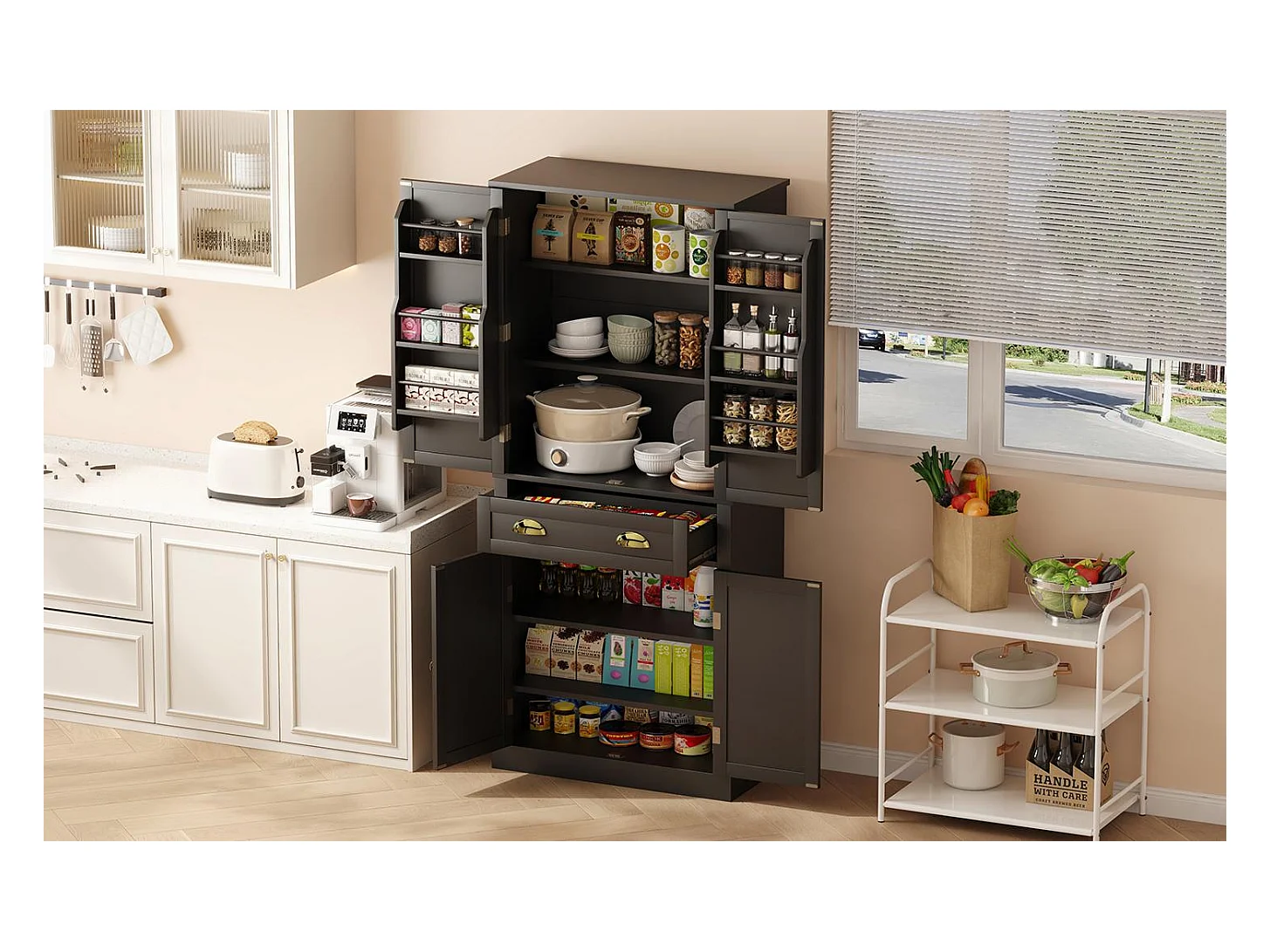 Armoire de rangement noire, 4 portes et 1 tiroir, 6 compartiments, 4 étagères réglables, idéale cuisine, salle à manger, salon