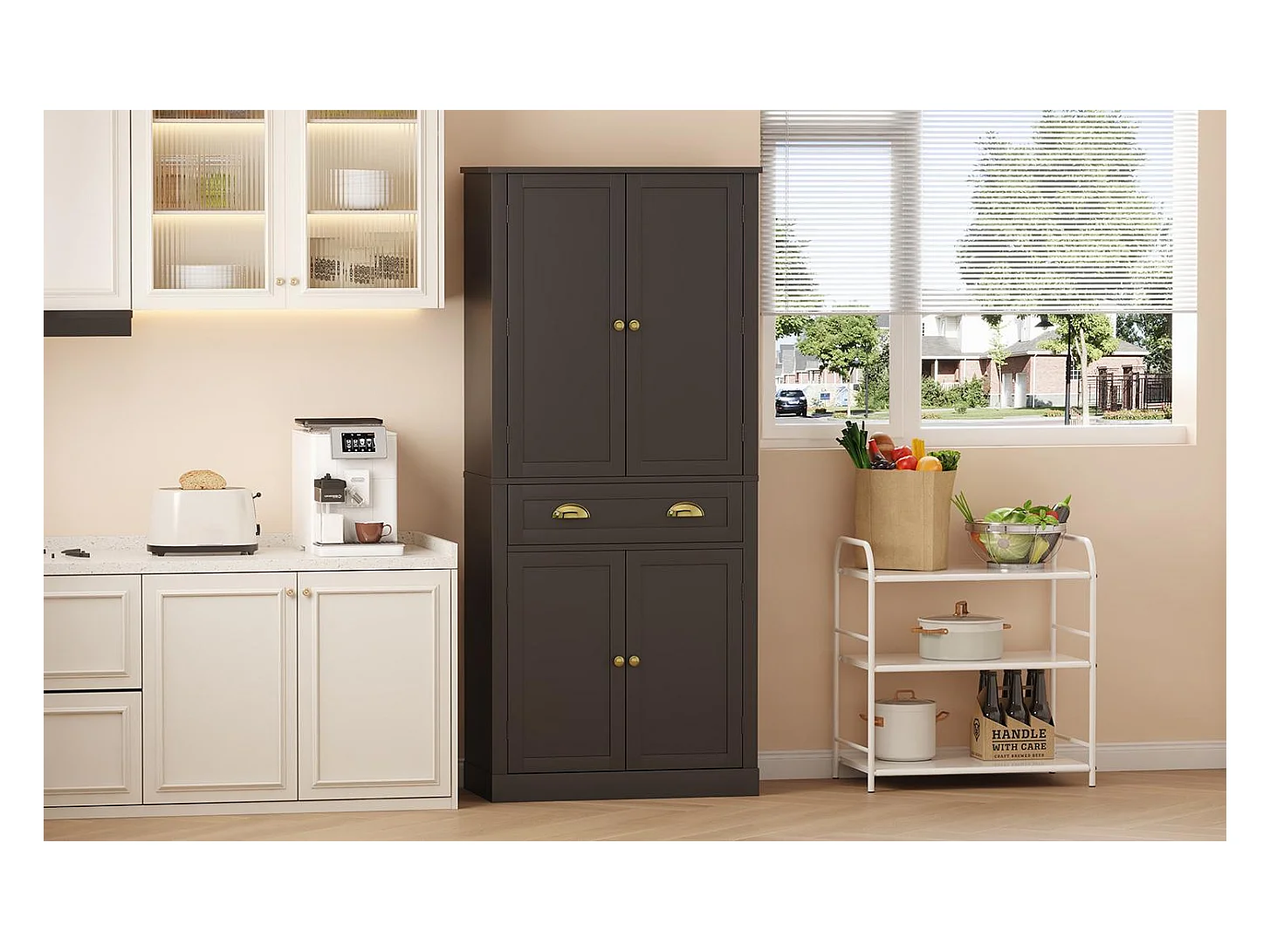 Armoire de rangement noire, 4 portes et 1 tiroir, 6 compartiments, 4 étagères réglables, idéale cuisine, salle à manger, salon