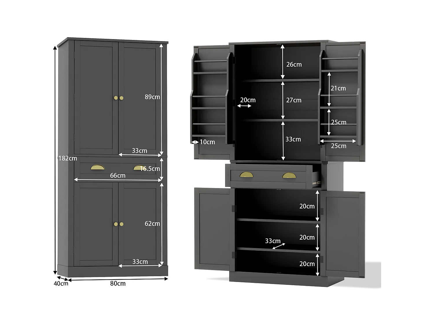 Armoire de rangement noire, 4 portes et 1 tiroir, 6 compartiments, 4 étagères réglables, idéale cuisine, salle à manger, salon