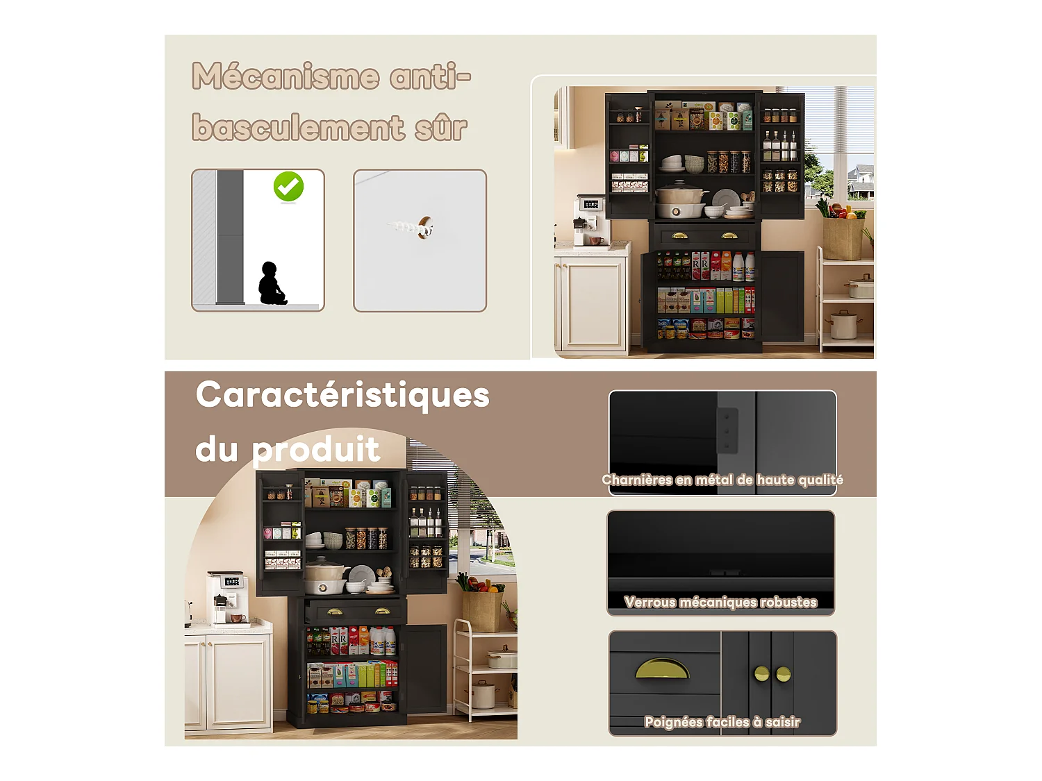 Armoire de rangement noire, 4 portes et 1 tiroir, 6 compartiments, 4 étagères réglables, idéale cuisine, salle à manger, salon