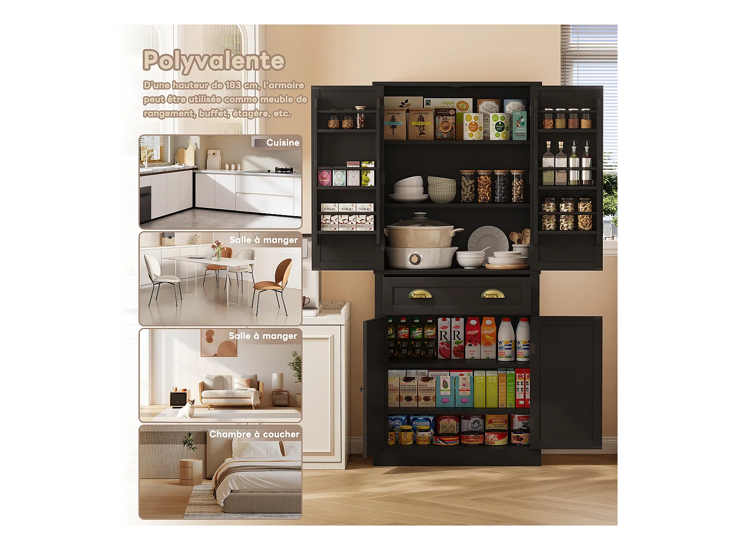 Armoire de rangement noire, 4 portes et 1 tiroir, 6 compartiments, 4 étagères réglables, idéale cuisine, salle à manger, salon