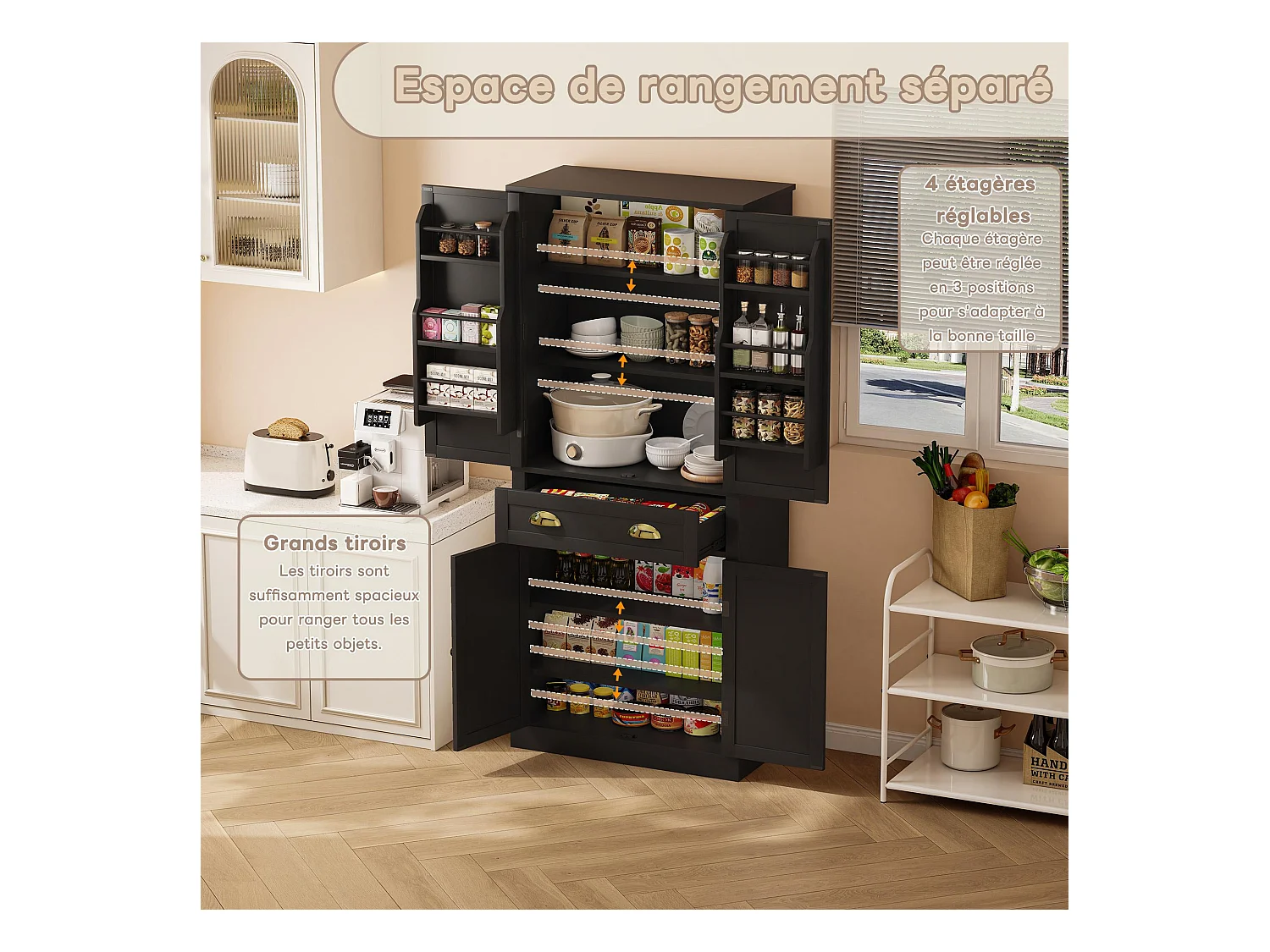 Armoire de rangement noire, 4 portes et 1 tiroir, 6 compartiments, 4 étagères réglables, idéale cuisine, salle à manger, salon