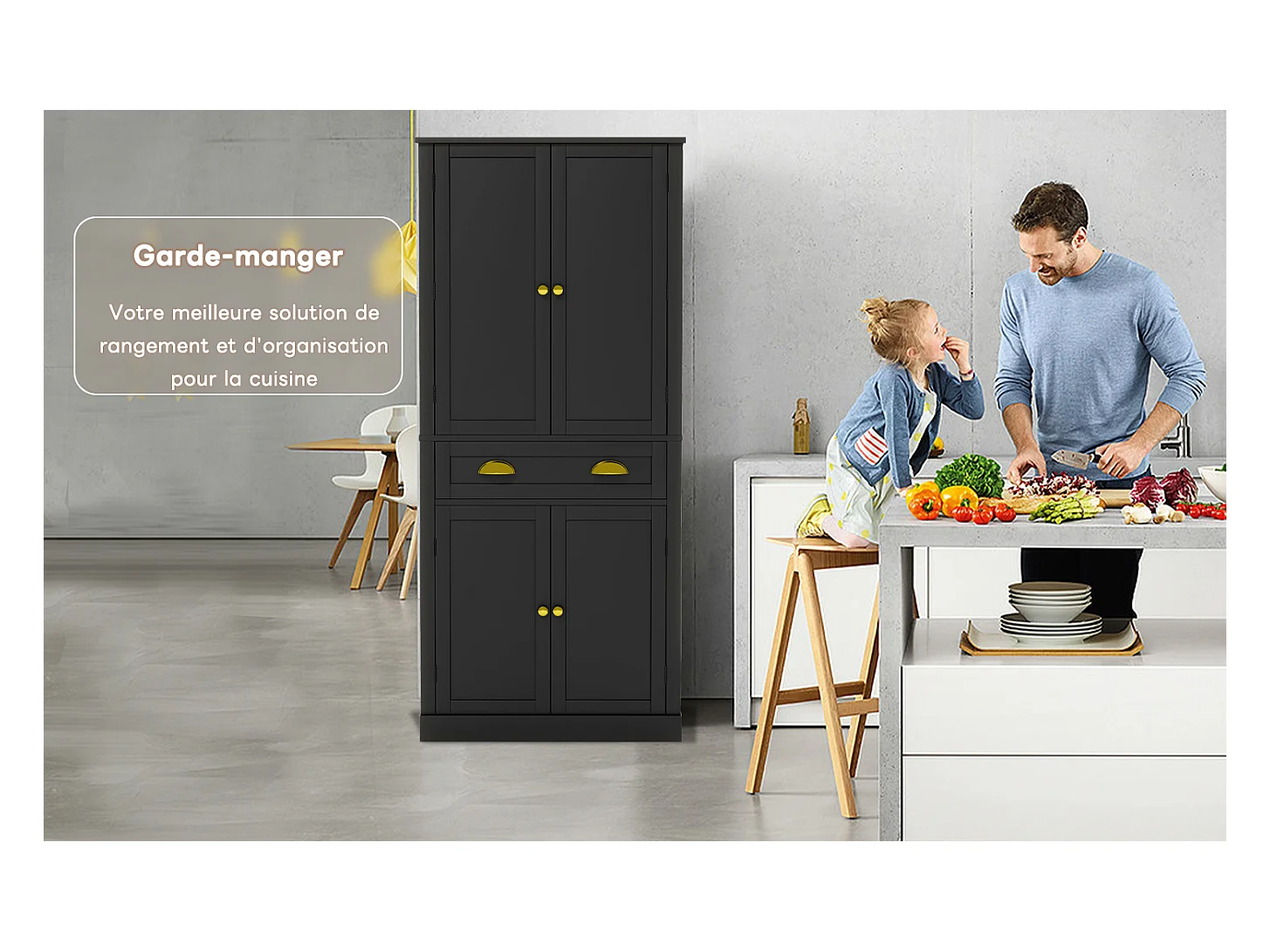 Armoire de rangement noire, 4 portes et 1 tiroir, 6 compartiments, 4 étagères réglables, idéale cuisine, salle à manger, salon