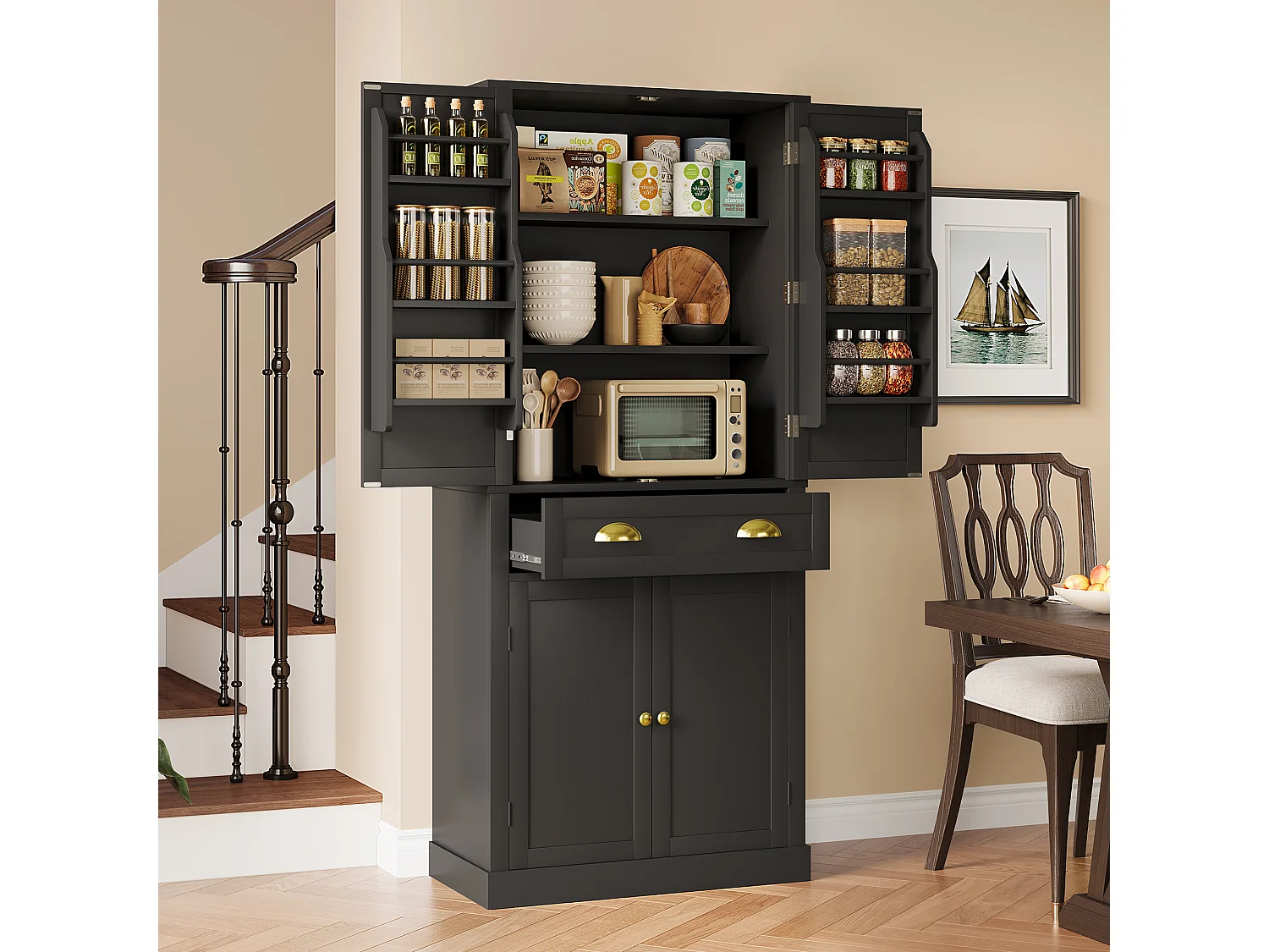 Armoire de rangement noire, 4 portes et 1 tiroir, 6 compartiments, 4 étagères réglables, idéale cuisine, salle à manger, salon